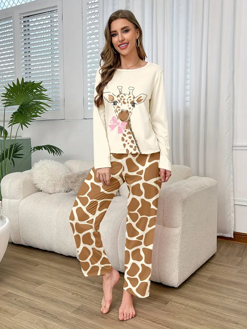 Giraffe Print Long Sleeve Top Paired with Giraffe Patterned Pants