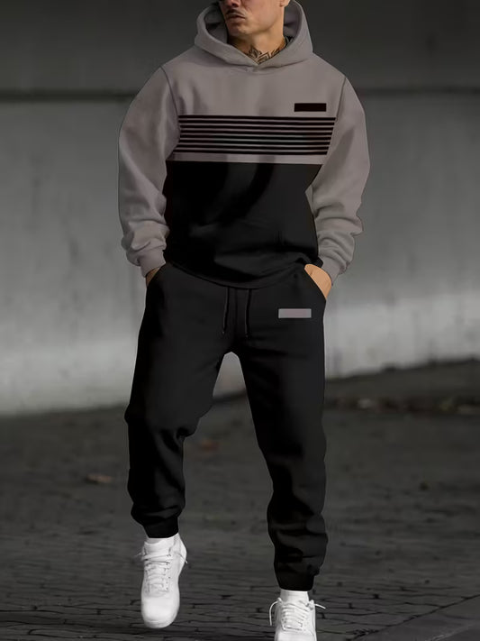 Men's Autumn and Winter Color Block Plaid Print Hoodie,set