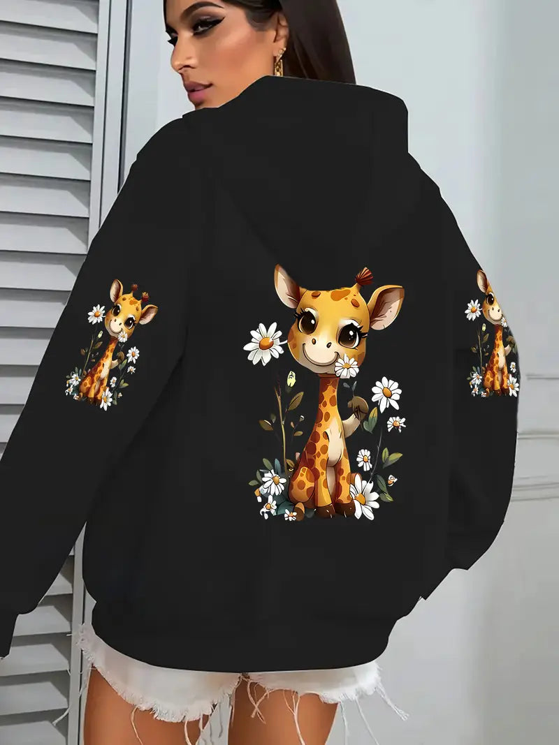 Women'S Casual Hooded Sweatshirt with Cute Giraffe Print