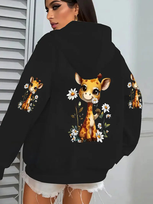 Women'S Casual Hooded Sweatshirt with Cute Giraffe Print