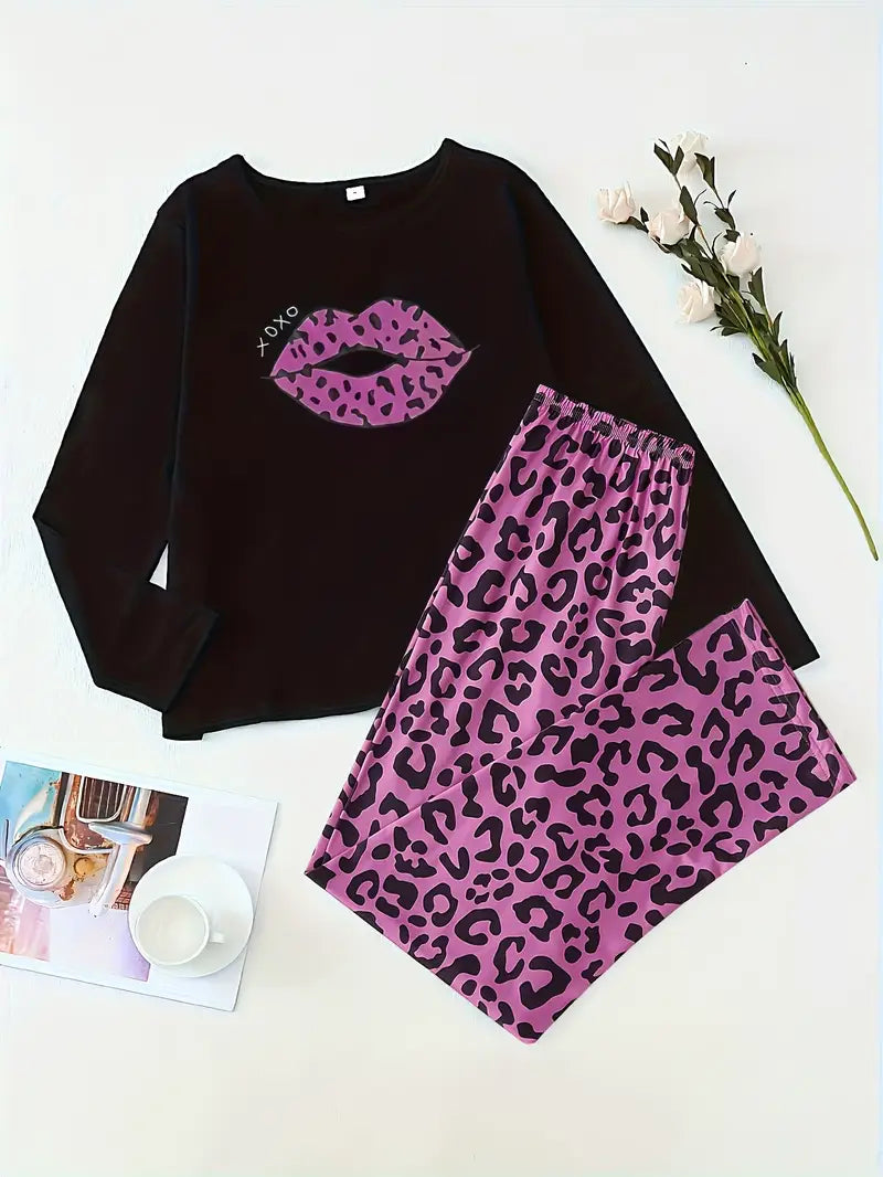 Leopard Print Pajama Set with Lips & Letter Print Long Sleeve T-Shirt