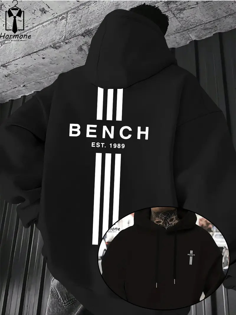 Men's Black Bench Logo Hoodie with White Stripes