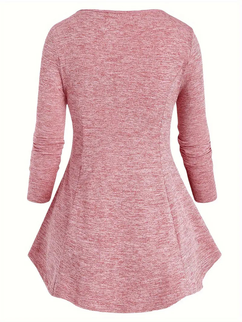 Women'S Stretchy Pink Rose Print V-Neck Long Sleeve T-Shirt