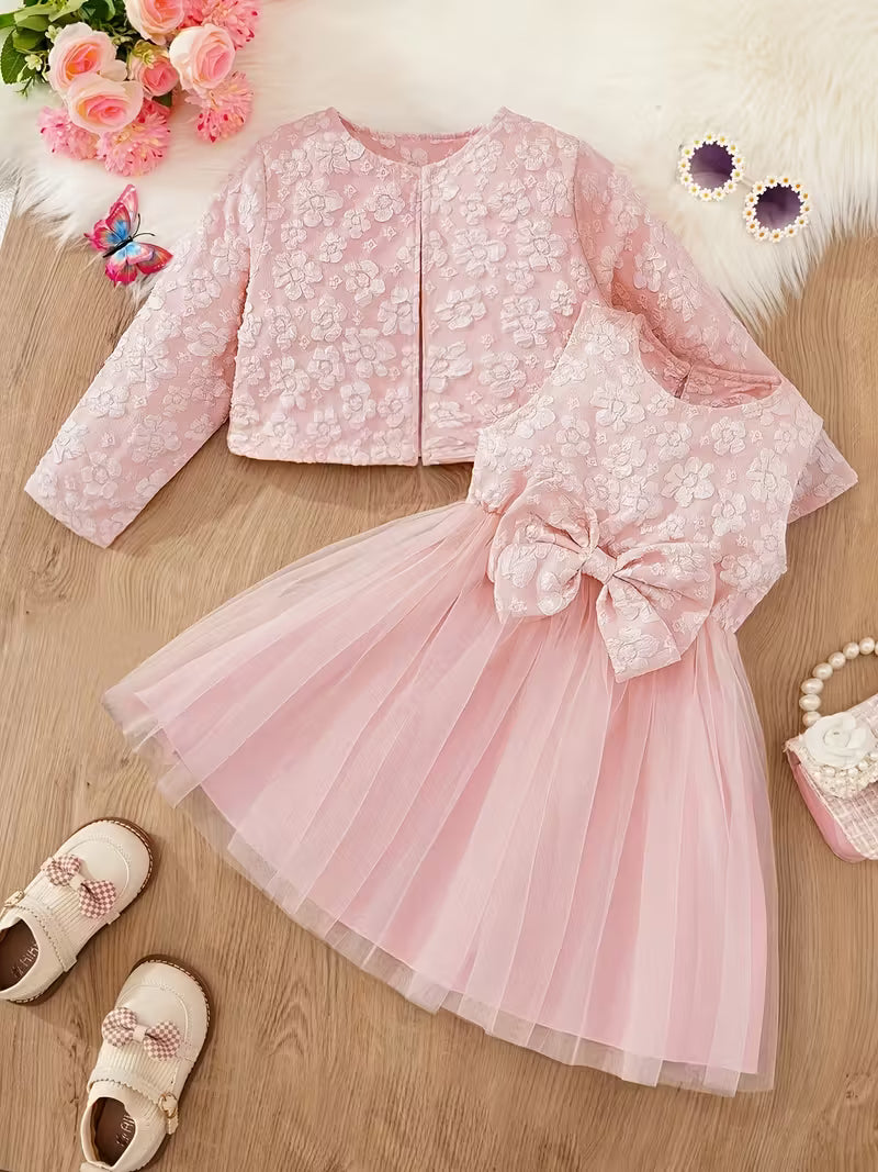 Little Girl's Two-Piece Jacquard Dress with Bow