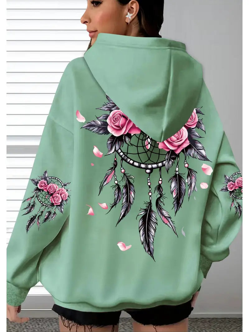 Women's Oversized Hoodie with Floral Turtle Graphic Print