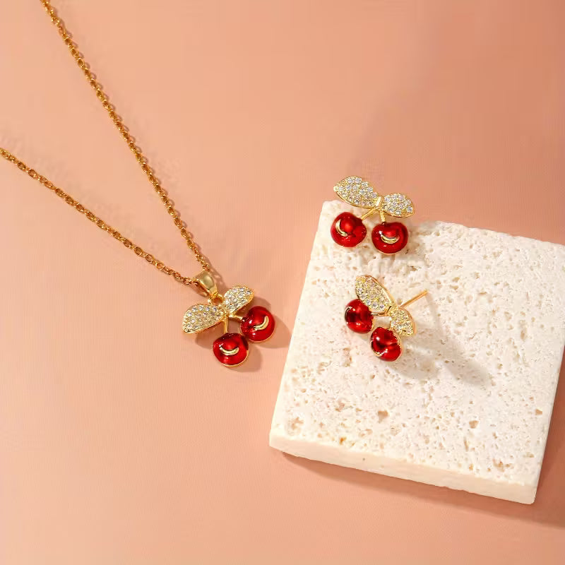 Two-Piece Set Women's Fashion Necklace and Earrings with Cherry Design,