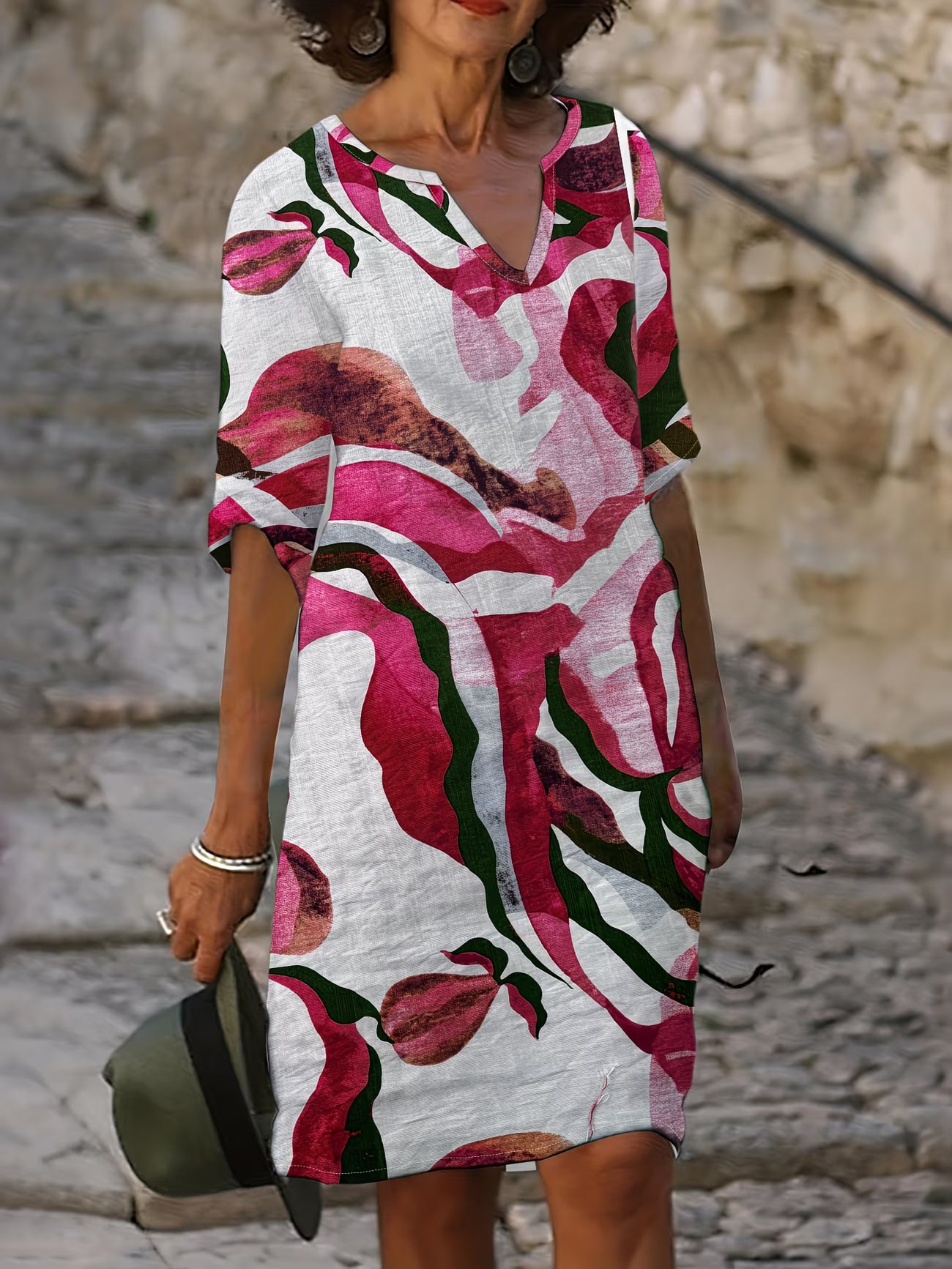 Multicolour Printed V-Neck Knee-Length Dress