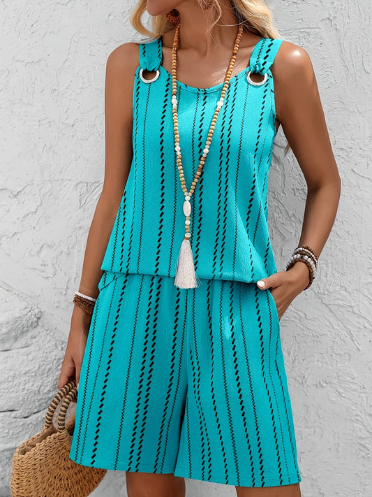 Printed Sleeveless Co-ord Set with Double Pockets | Curve