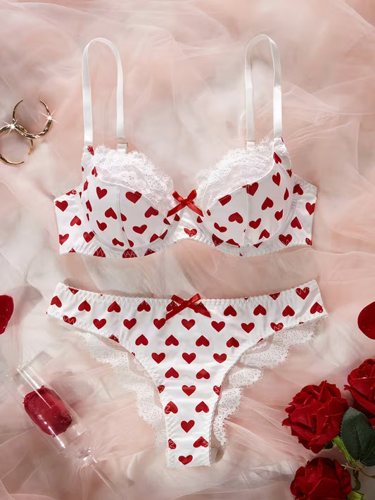 Women'S Bra Set with Heart Print and Lace Trim,