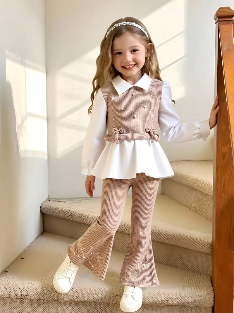 2pcs Girls' White & Brown  Set