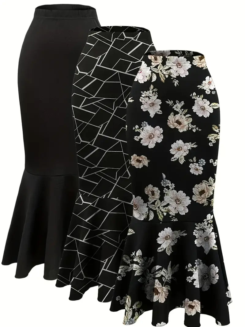 Plus Size Elegant Polka Dot Houndstooth Print Fish Tail Skirt Set of Three