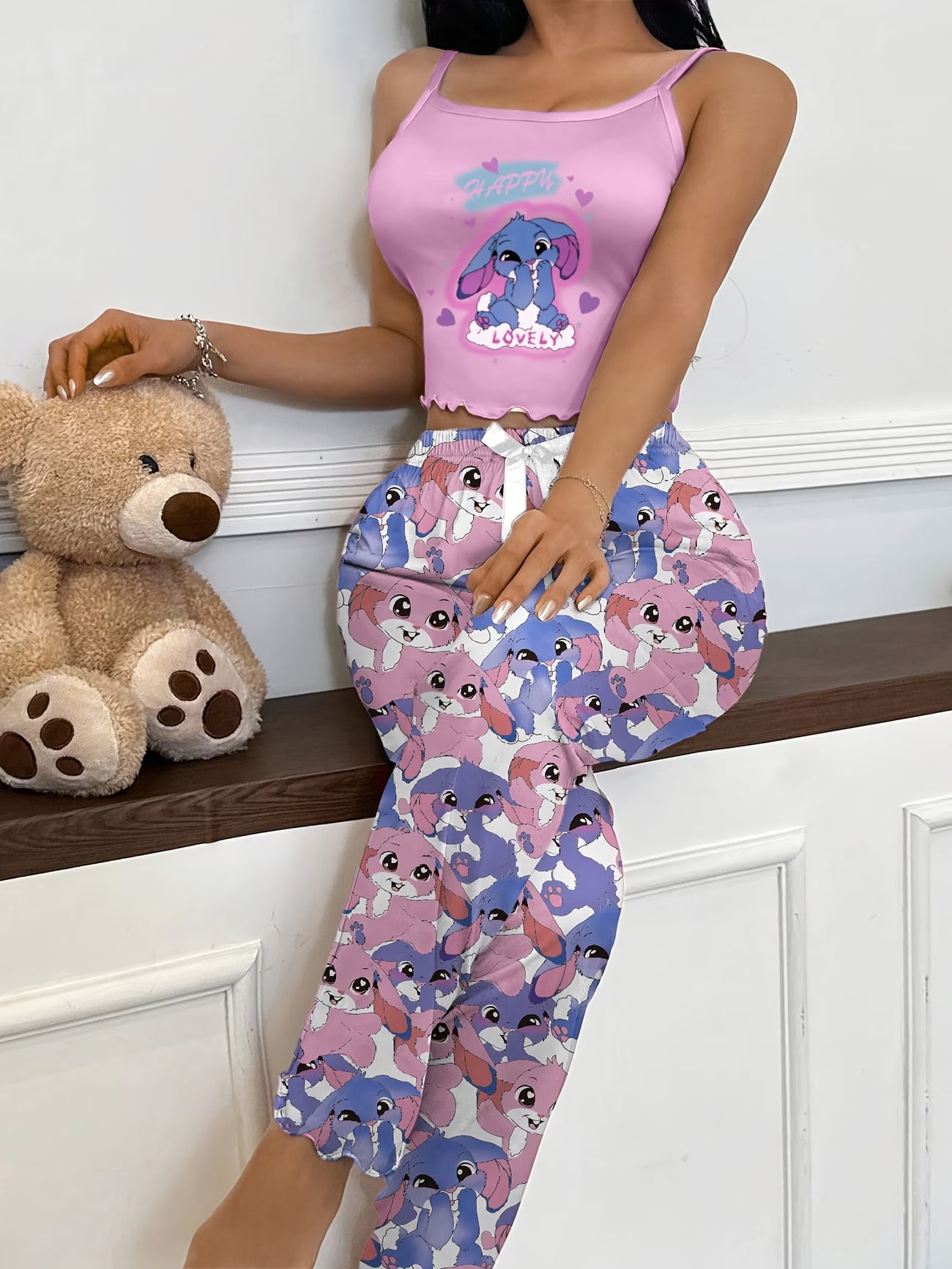 Women's Cami Pants Loungewear, Cute Cartoon Print Casual Pajamas 2pcs Set
