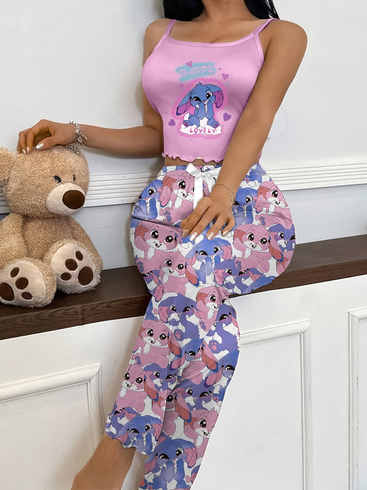 Women's Cami Pants Loungewear, Cute Cartoon Print Casual Pajamas 2pcs Set