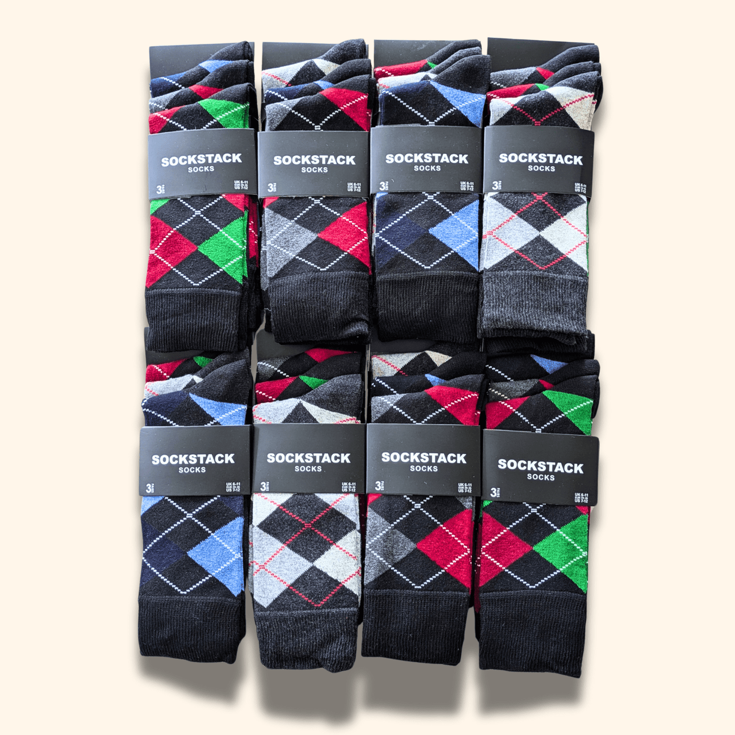 24 Pairs Men's Soft Cotton Colourful Heel Toe Black Argyle Diamond Easycare Comfortable Shoe Socks Flat Toe Seam Durable Work School Business Wear UK 6-11 by Sock Stack