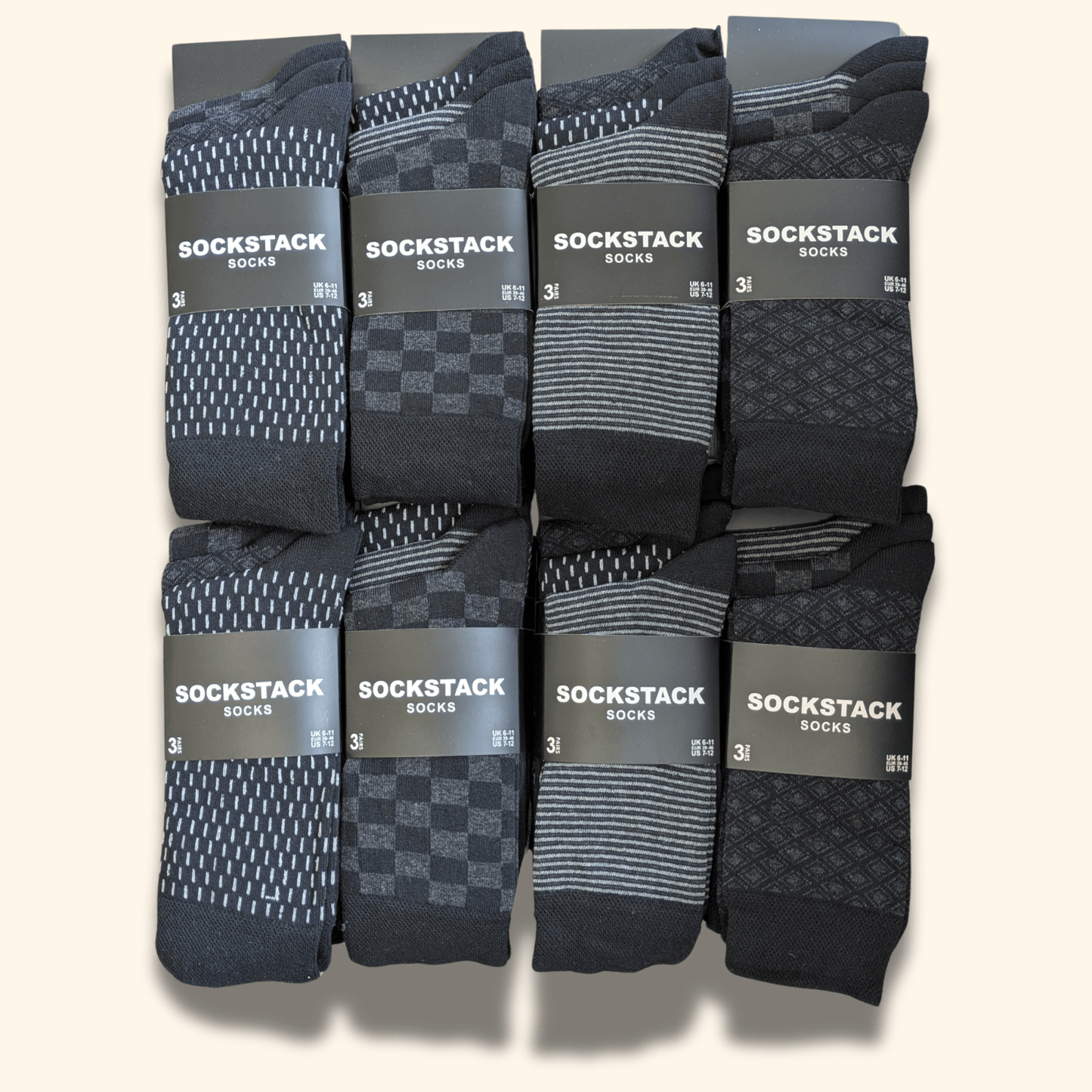 24 Pairs Men's Soft Cotton Colourful Heel Toe Black Argyle Diamond Easycare Comfortable Shoe Socks Flat Toe Seam Durable Work School Business Wear UK 6-11 by Sock Stack