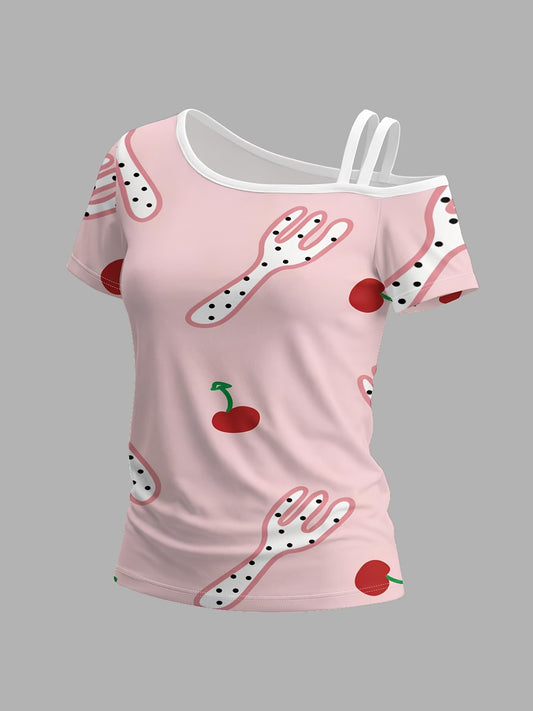 Fork & Cherry PatternWomen's One-shoulder Short-sleeve T-shirt with Unique Asymmetrical Design