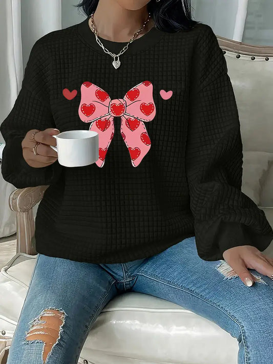 Plus Size Women'S Casual Waffle-Print Sweatshirt with Pink Bow & Hearts Design
