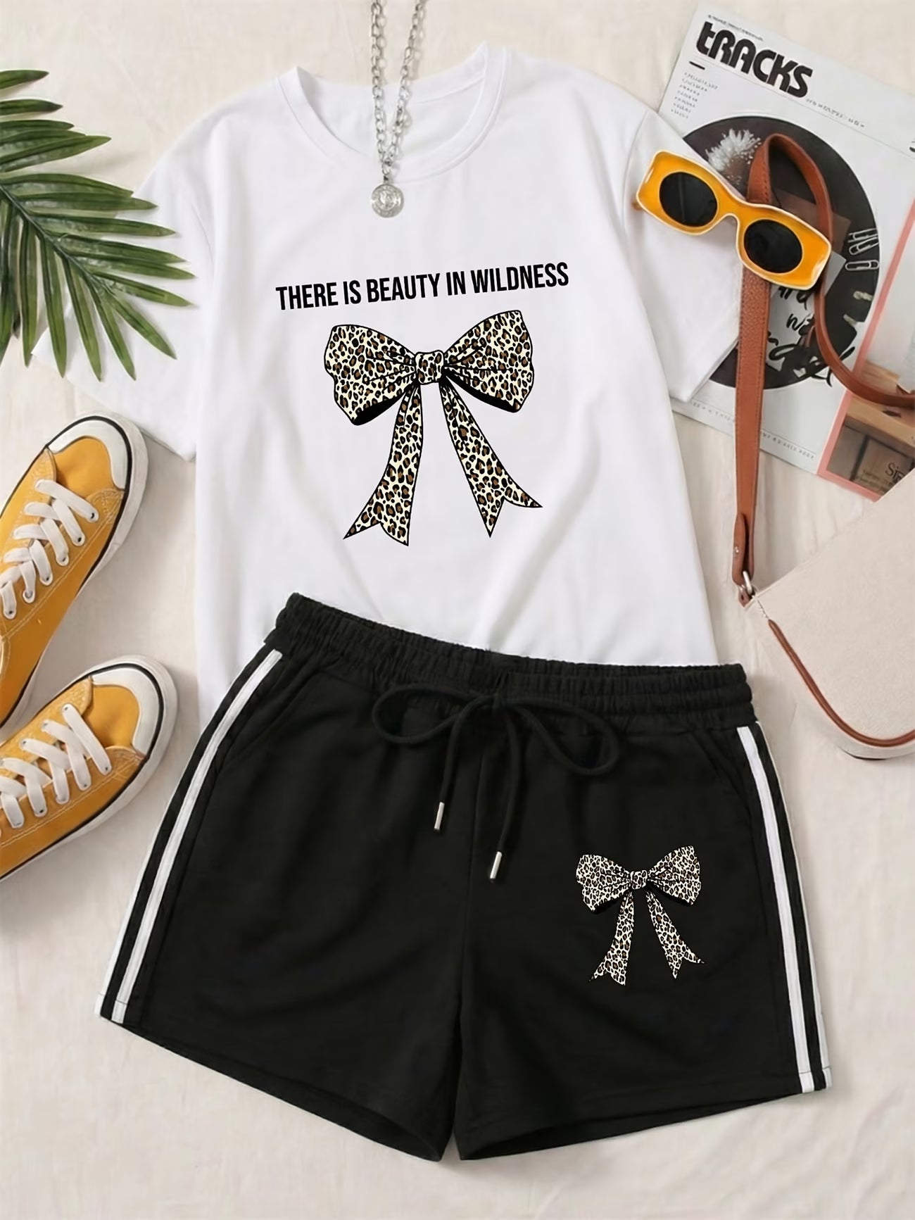 Bow & Stripe Co-ord Set — Relaxed Tee & Striped Shorts