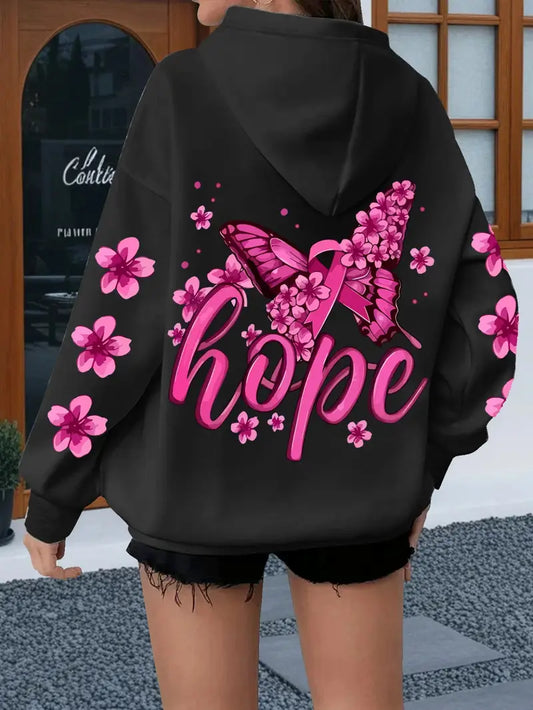 Women'S Black Hoodie with Pink Butterfly & Floral Design