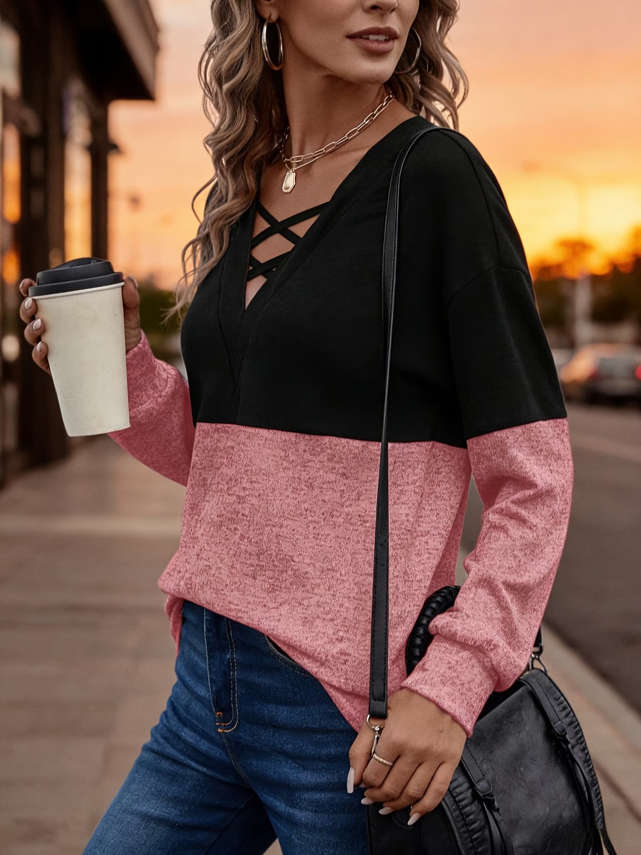 Plus-Size Color Block Long Sleeve V Neck Sweatshirt