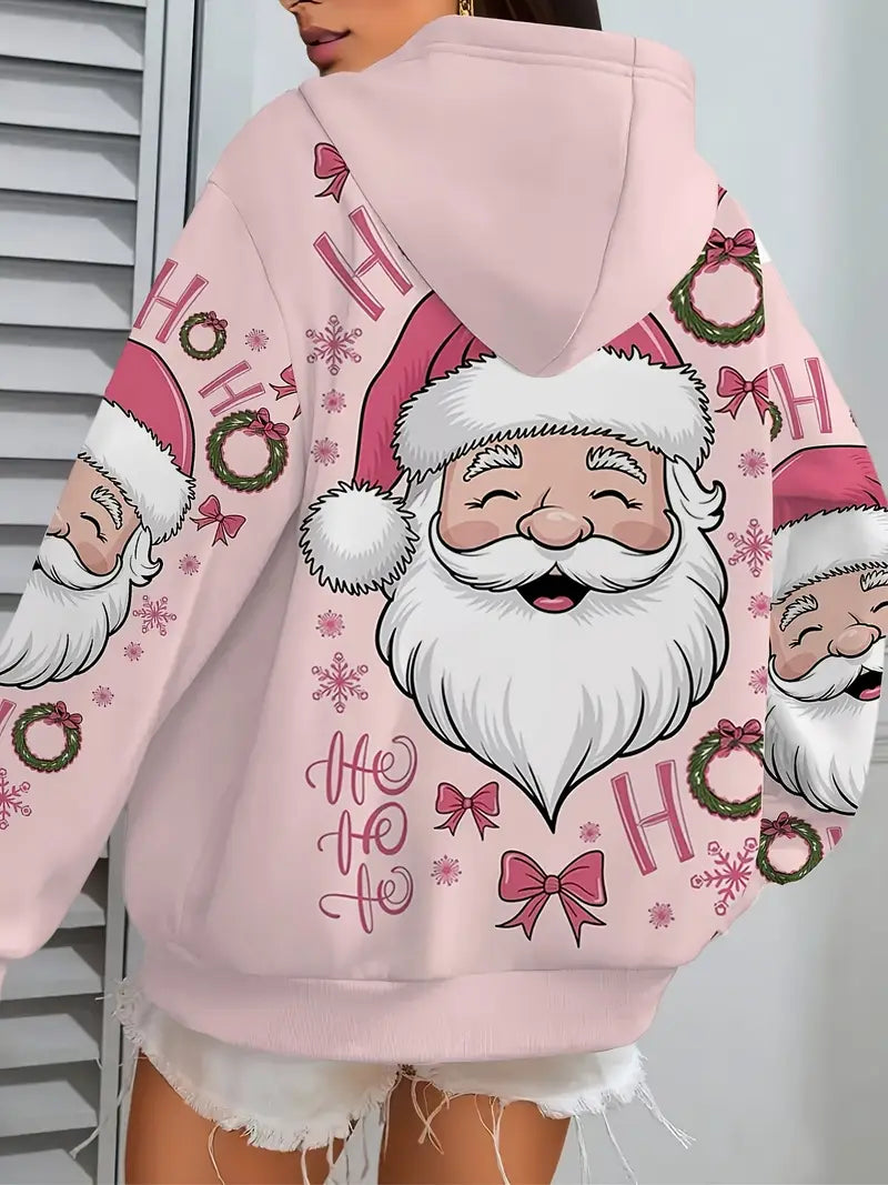 , Women's Plus Size Oversized Pink Christmas Hooded Sweatshirt