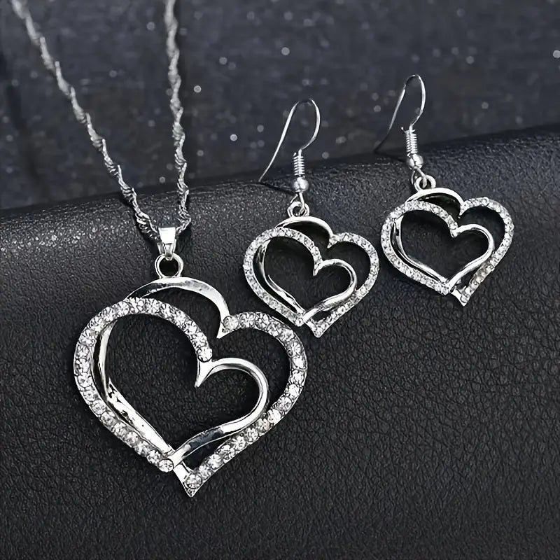 3pcs Elegant Double-Layer Heart Pendant Necklace and Earrings Set