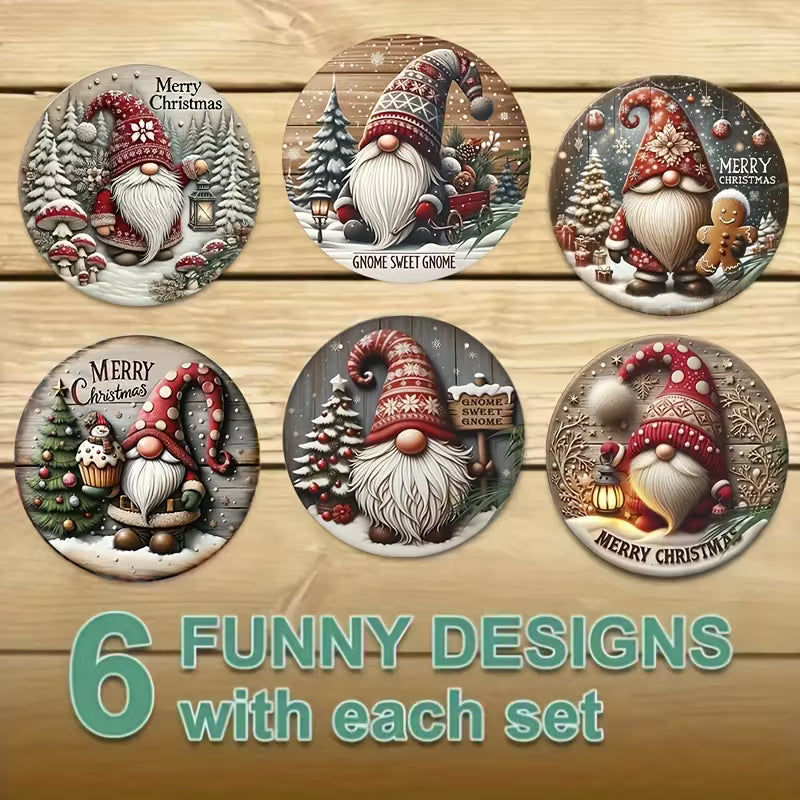 6pcs Christmas Gnome Pattern Wooden Coasters