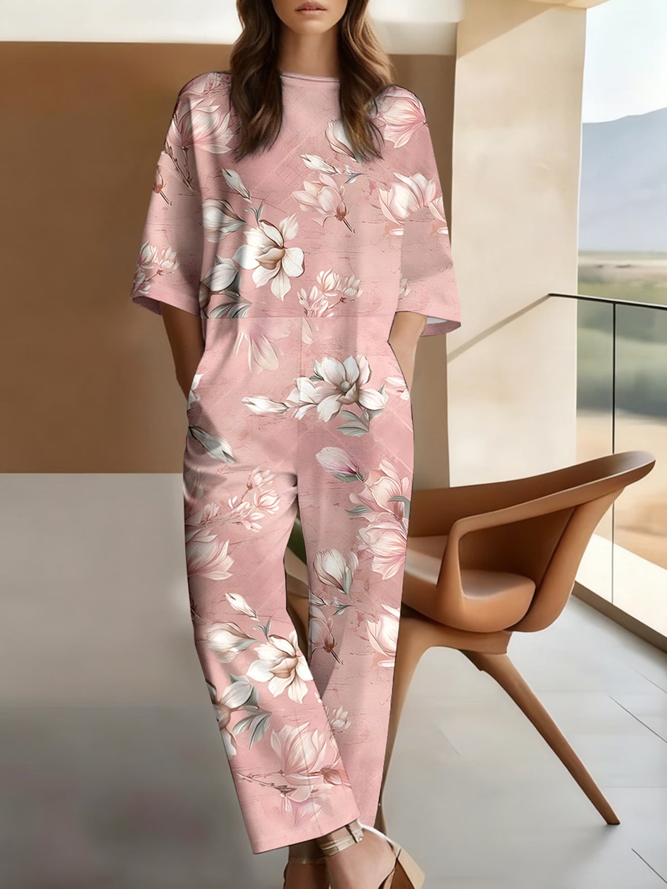 Women's Round Neck Floral Jumpsuit – American Casual Style