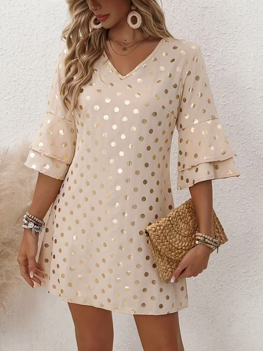 V-Neck Mini Dress with Golden Polka Dots