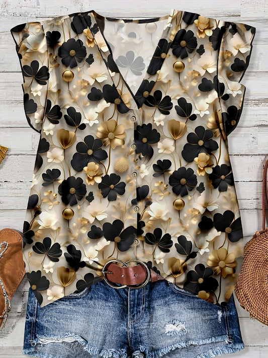 Plus Size Women'S Summer Elegant Printed V-Neck Short Sleeve Blouse