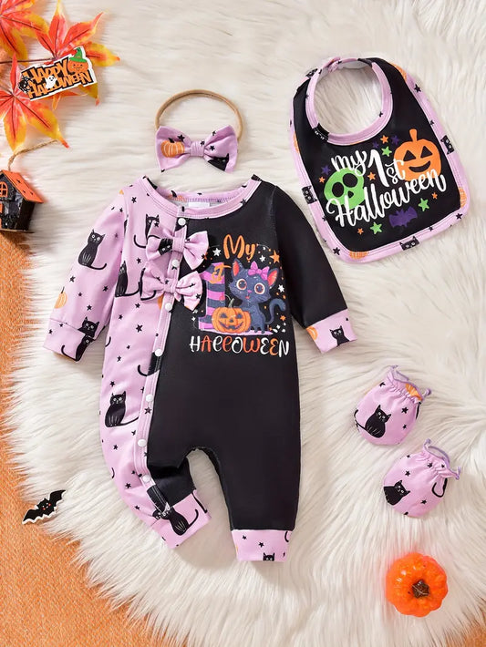My first Halloween, adorable onesie with pumpkin cat print