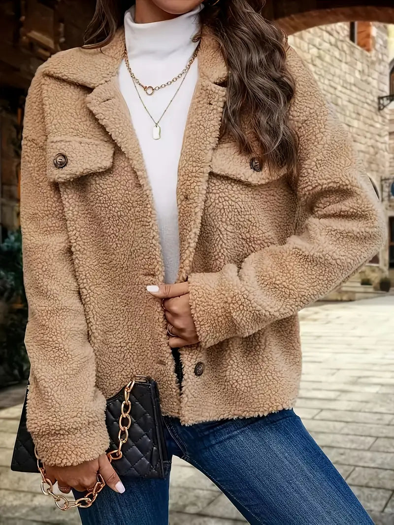 Women's Plush Long Sleeve Warm Turnover Collar Solid Color Coat