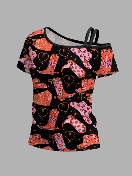 Women's One-Shoulder Short-Sleeve T-Shirt - Asymmetrical Cowboy Print Top with Asymmetrical Neckline