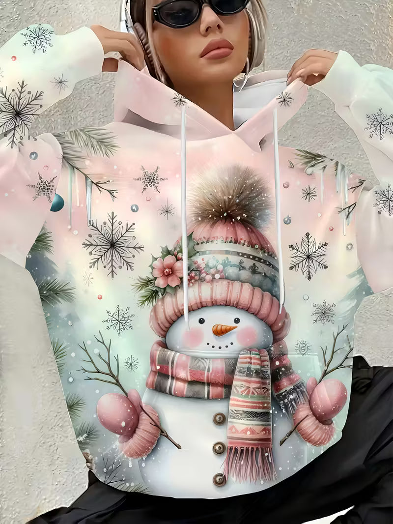 Plus Size Women'S Casual Hoodie with Snowman Print,