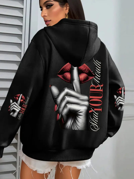Women'S Casual Elegant Hoodie with Stylish Lip Print