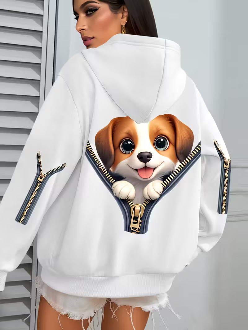 Plus Size Women's Cute Puppy Print Hoodie