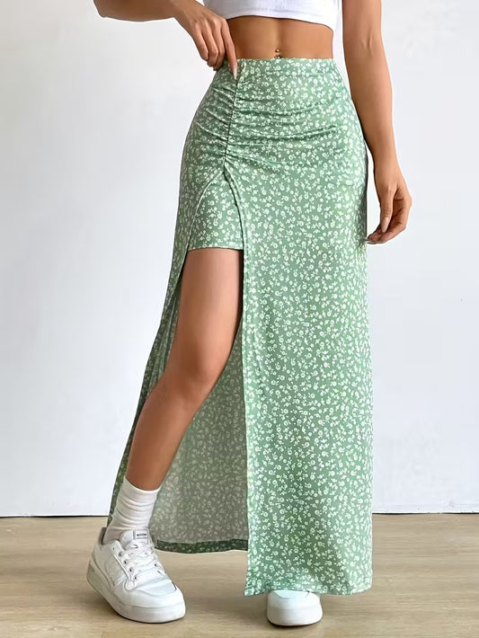 Women's Casual Floral Print Flared Skirt with Slit,