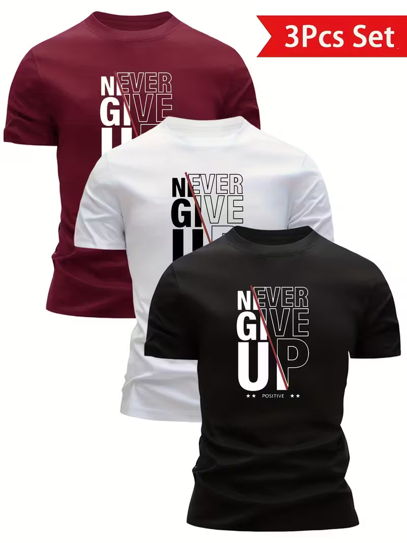 3pcs Men'S "Never Give Up" Graphic T-Shirt Set
