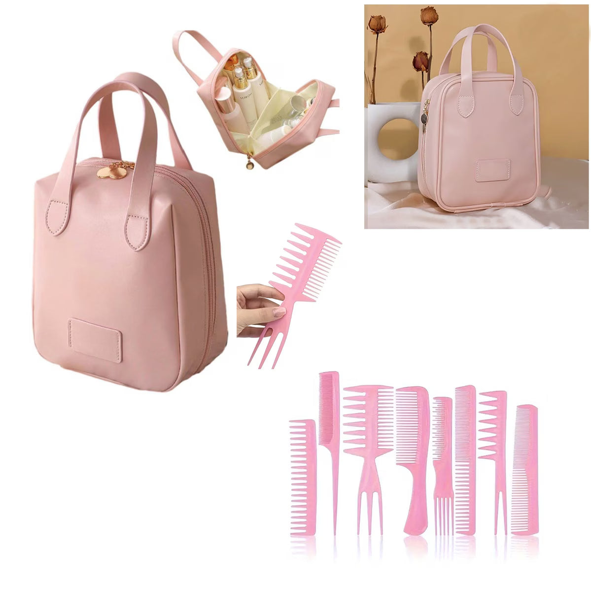 EXPANDING PINK TOILETRY BAG HOLDALL & 8PC HAIRDRESSING SET