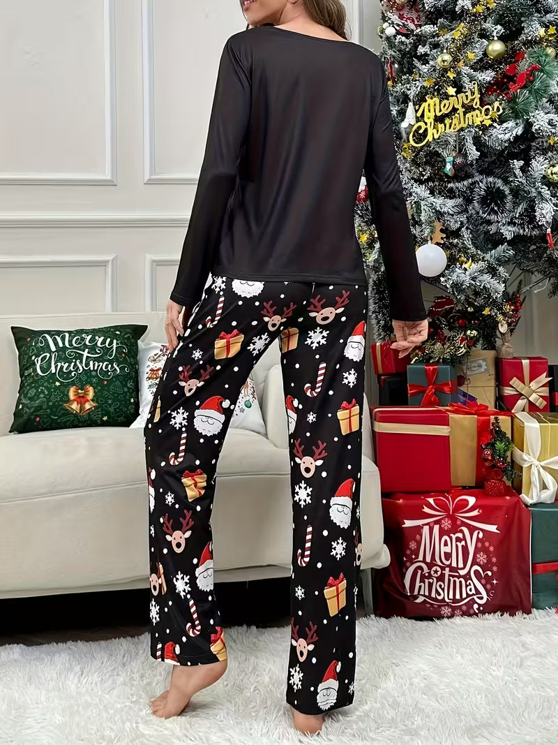 2pcs Christmas Santa Claus Print Long Sleeve Top