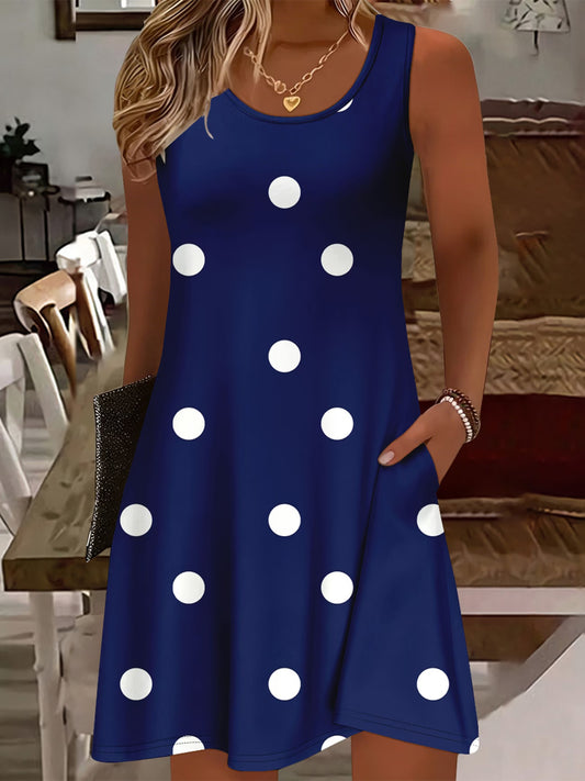 Women's Round Neck Printed Dress with Pockets