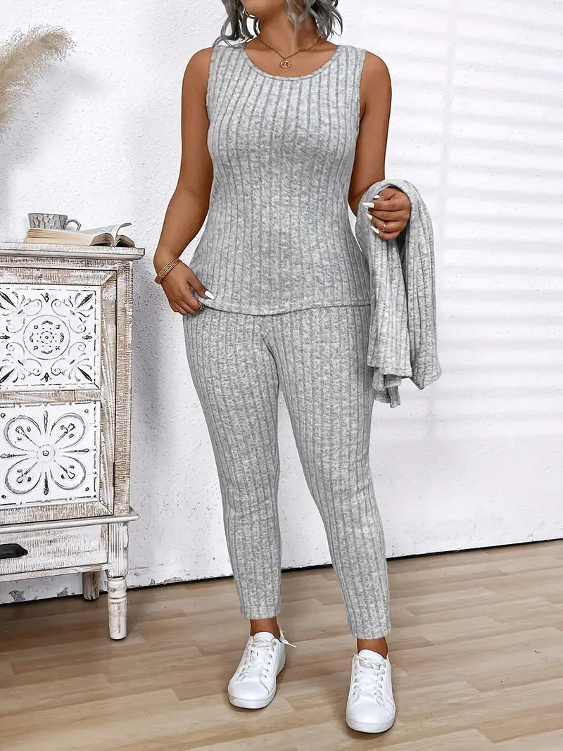 Plus Size - Plus Size - 3pcs Plus Size Women'S Ribbed Gray Cardigan,