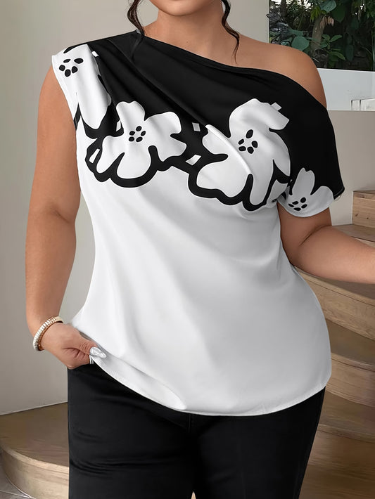 Women's French-Style Plus Size Printed Color-Block Cross-Front Top