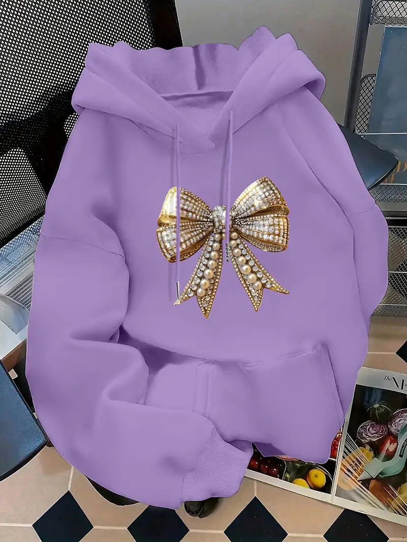 Hoodie with Golden Pearl & Bow Print,