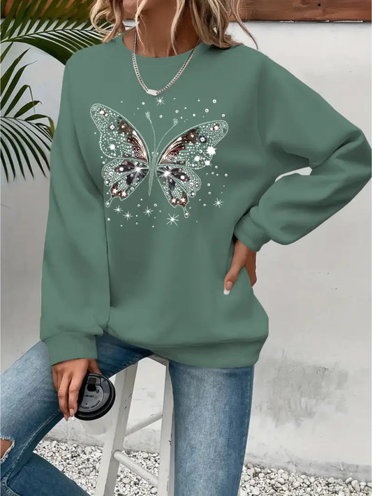 Women'S Cozy Pink Butterfly Print Sweatshirt