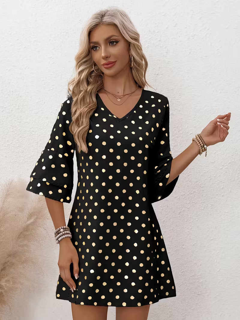 V-Neck Mini Dress with Golden Polka Dots