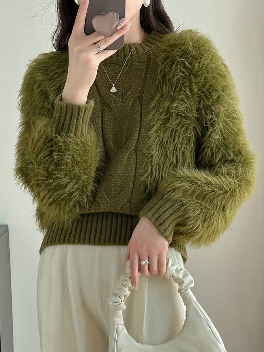 Women's Winter Casual Round Neck Fuzzy Long-Sleeve Sweater