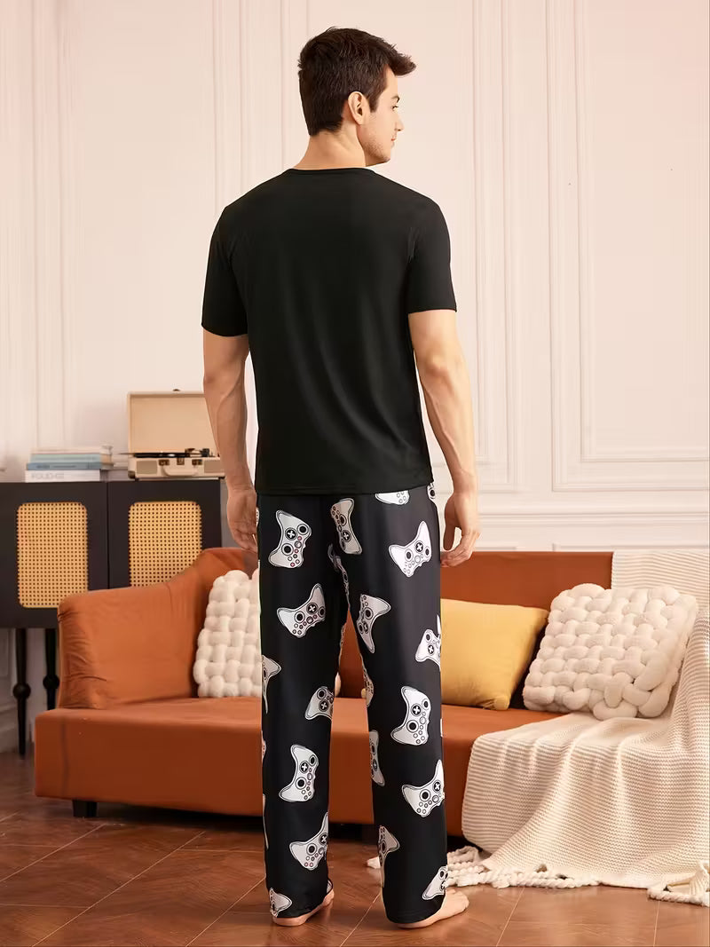 Printed Thin Short Sleeve Round Neck T-shirt and Long Pants