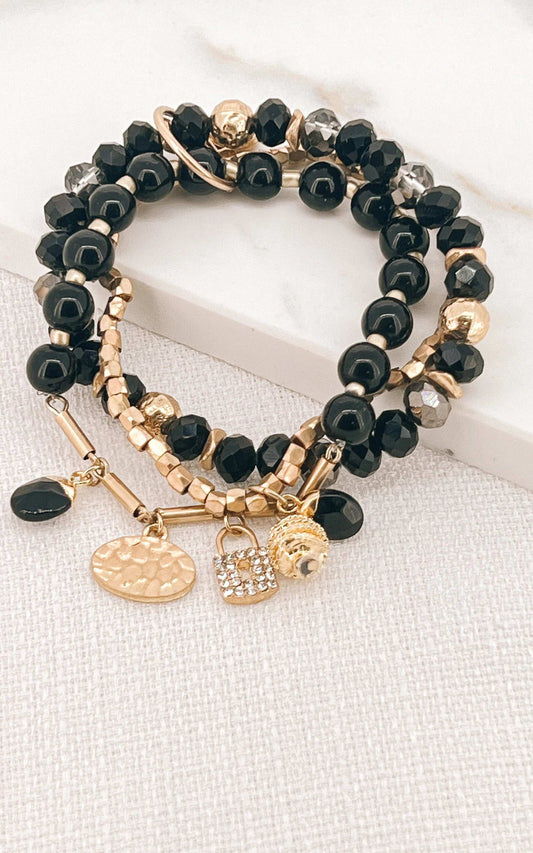 Gold and Black Triple Layer Stretch Charm Bracelet