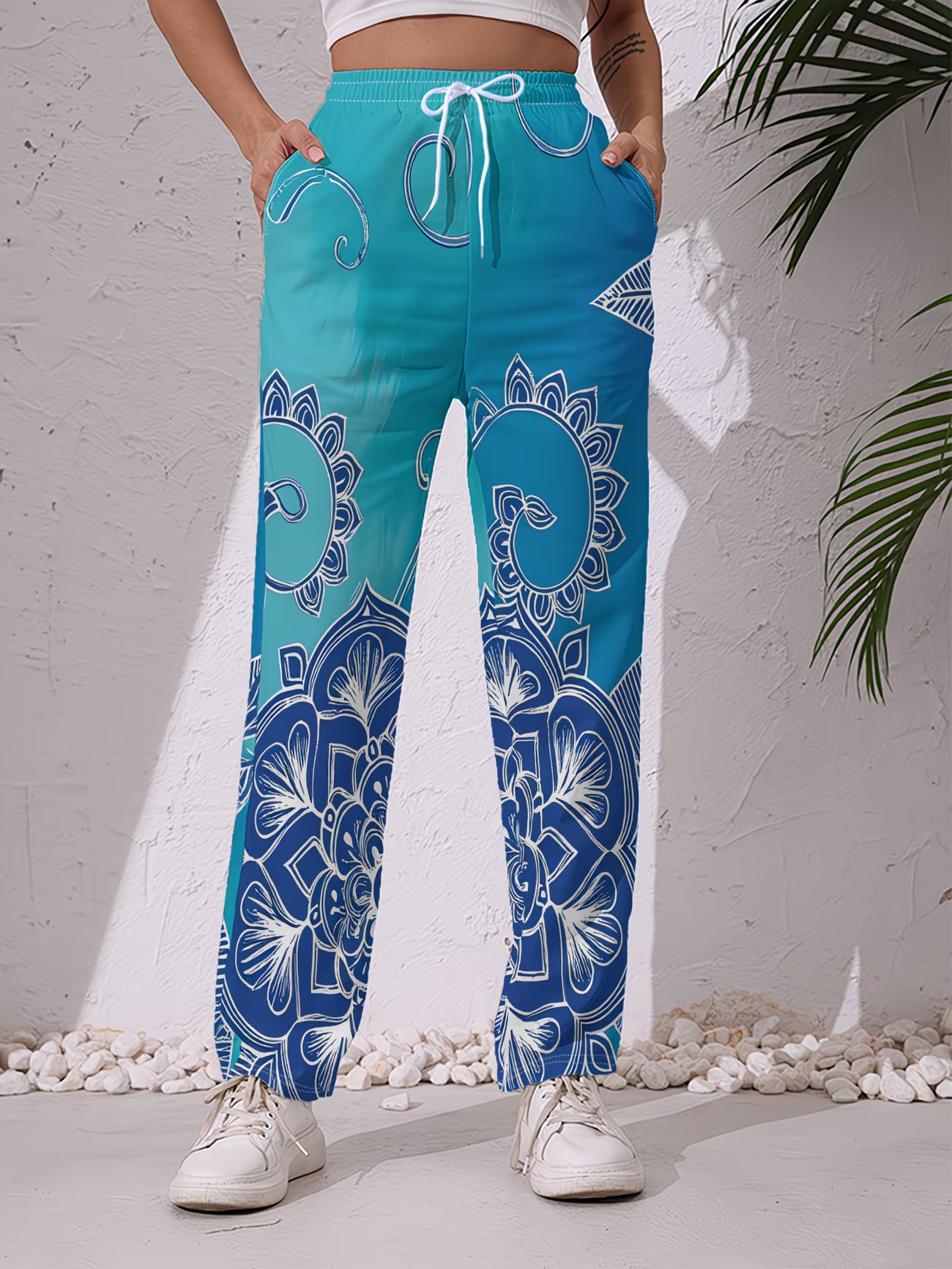 Women's Mandala Floral Print Trousers | Blue Base with White Outline Detail